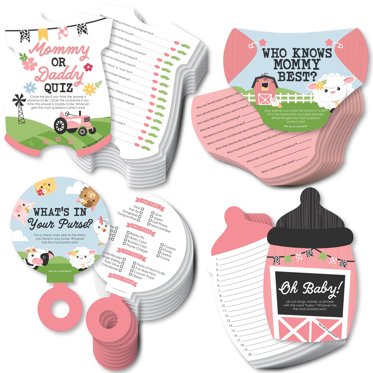 Big Dot of Happiness Girl Farm Animals - 4 Pink Barnyard Baby Shower Games - 10 Cards Each - Gamerific Bundle